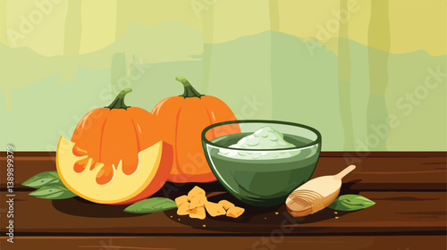 Pumpkin with Clay Mask and Spa Stones on Table for Skincare and Relaxation Concept