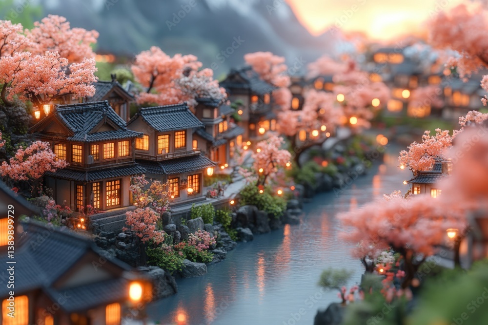 Obraz premium Illuminated Asian Village at Sunset.
