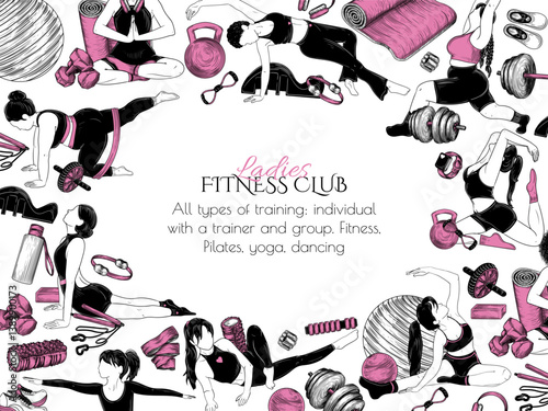 Vector frame for the gym. Girls of different nationalities with different figures do pilates. Template with sports equipment. Women's fitness studio brochure. Yoga classes