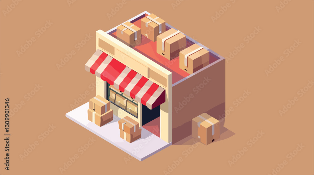 Professional isometric vector icon of a store building with carton boxes for business presentations Professional isometric vector icon of a store building with carton boxes for business presentations