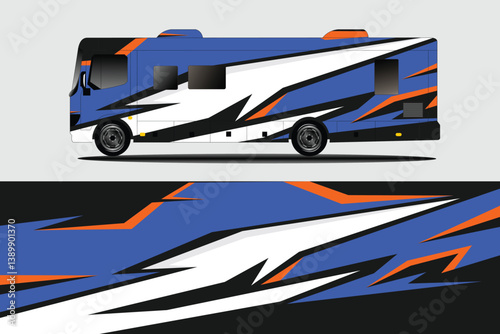 Vibrant blue and white RV design with dynamic graphics parked against a neutral background