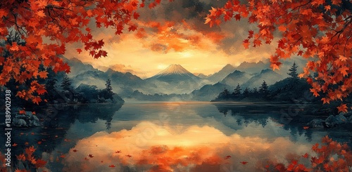 Autumn Colors at Mt Fuji Tranquil Lake Reflection with Red Leaves Morning Fog in Japan