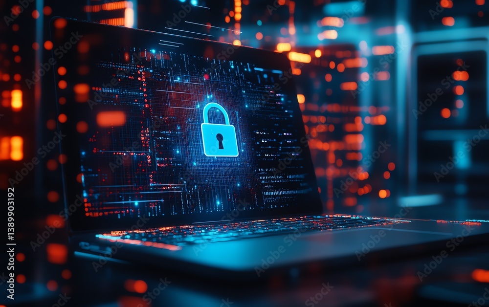 Laptop on desk with floating digital padlock hologram, highlighting cybersecurity and data protection in a digital world Laptop on desk with floating digital padlock hologram, highlighting cybersecurity and data protection in a digital world