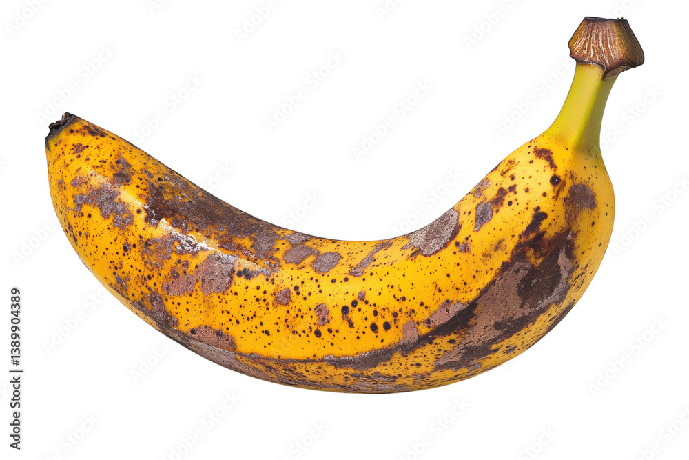 Overripe banana with brown spots showing signs of age and decay against a white background Overripe banana with brown spots showing signs of age and decay against a white background