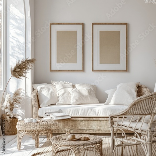 Cozy Scandinavian Bedroom Mockup Poster with Minimalistic Wicker Furniture and Bright Aesthetic