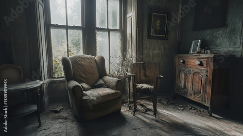 Abandoned farmhouse interior with decaying furniture and eerie atmosphere