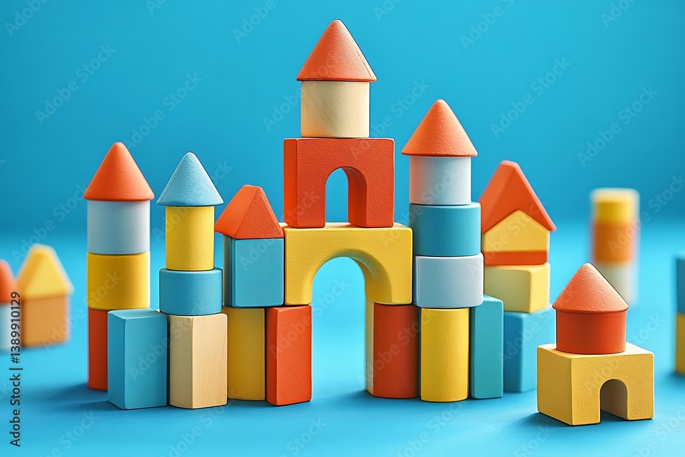 Fototapeta premium Colorful wooden blocks arranged to form a childs imaginary castle