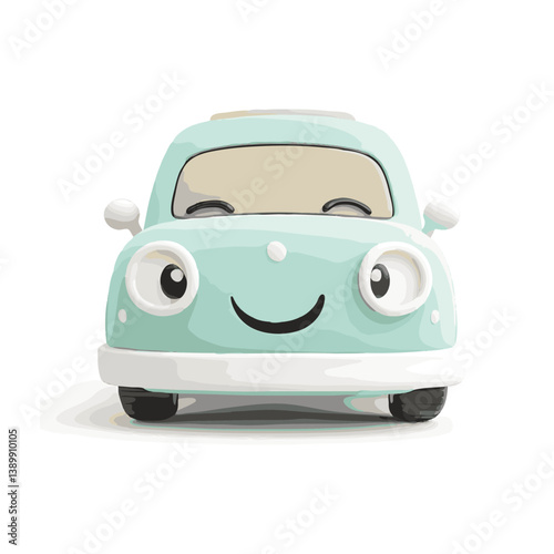 Cheerful 2D car mascot, playful pastel colors, minimalistic and clean illustration style