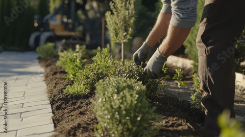 A landscape designer placing shrubs and plants at a construction site. Featuring nature and design