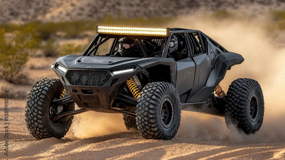 Dark, rugged off-road vehicle navigating sandy terrain.  Dust and light highlight powerful design