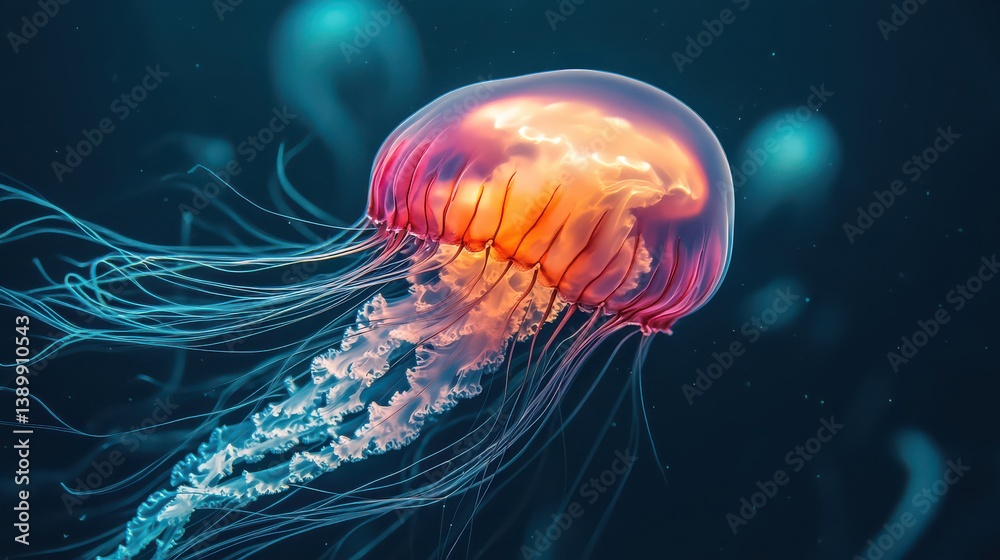 A dramatic underwater shot of a jellyfish in motion, its translucent body creating a soft glow as it drifts gracefully through the water. A dramatic underwater shot of a jellyfish in motion, its translucent body creating a soft glow as it drifts gracefully through the water.