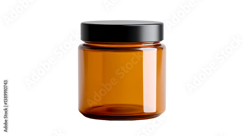 Amber glass jar with black lid mockup cosmetic product packaging design isolated on transparent background