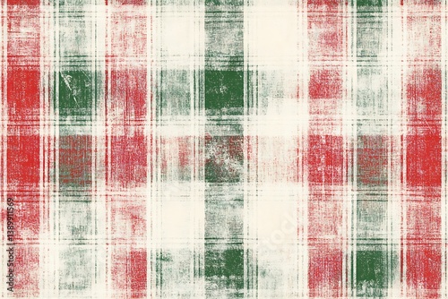 Distressed Red, Green, and White Plaid Canvas Texture, Vintage Square Pattern