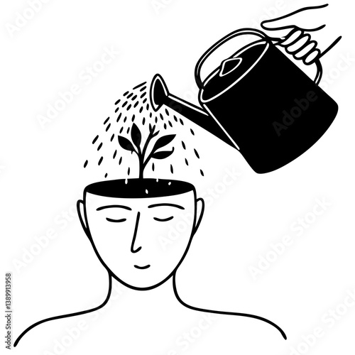Growth Mindset Vector – Human Brain Being Watered with Plant Growing