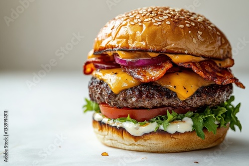 Juicy bacon cheeseburger with melted cheddar crisp lettuce and toasted sesame bun Delicious