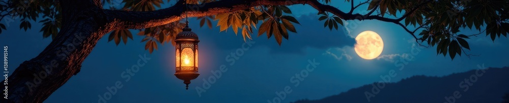 Fototapeta premium An arabic lantern suspended from the branches of a majestic tree under the full moon, majestic, tree