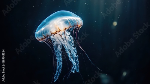 A dramatic underwater shot of a jellyfish in motion, its translucent body creating a soft glow as it drifts gracefully through the water.