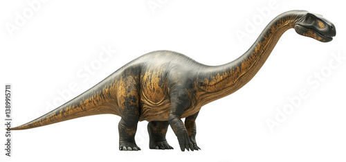 realistic depiction of Brachiosaurus dinosaur with long neck and tail, standing on four legs. dinosaur textured skin is detailed, showcasing its massive size and prehistoric nature
