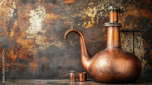 A detailed photograph displays a copper still for distilling liquor