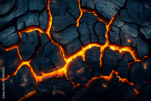 Charred wood texture glowing faintly, abstract close-up, deep blacks and glowing orange cracks, modern aesthetic