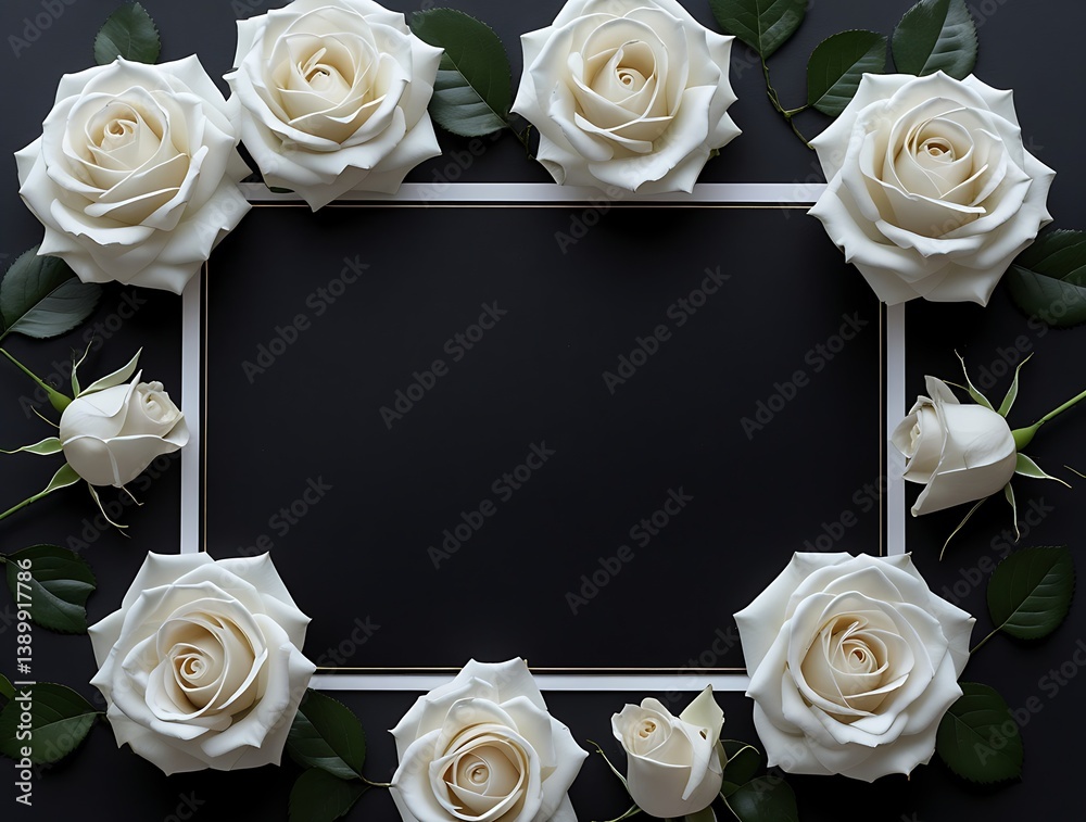 empty condolence card, sympathy card, memorial card, greeting card with fresh roses surrounding the paper . Empty place for a text.