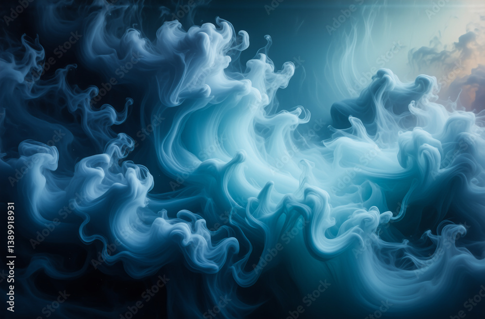 Obraz premium The image shows ethereal swirling masses of blue and white, reminiscent of billowing smoke or stylized waves. A dynamic composition evokes a sense of depth and mystery, with hints of light.