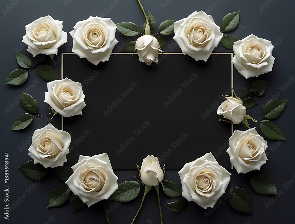 empty condolence card, sympathy card, memorial card, greeting card with fresh roses surrounding the paper . Empty place for a text.
