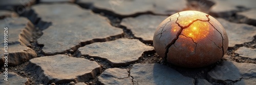 Cracked stone orb with cracks and sedimentary layers, ancient, deposit