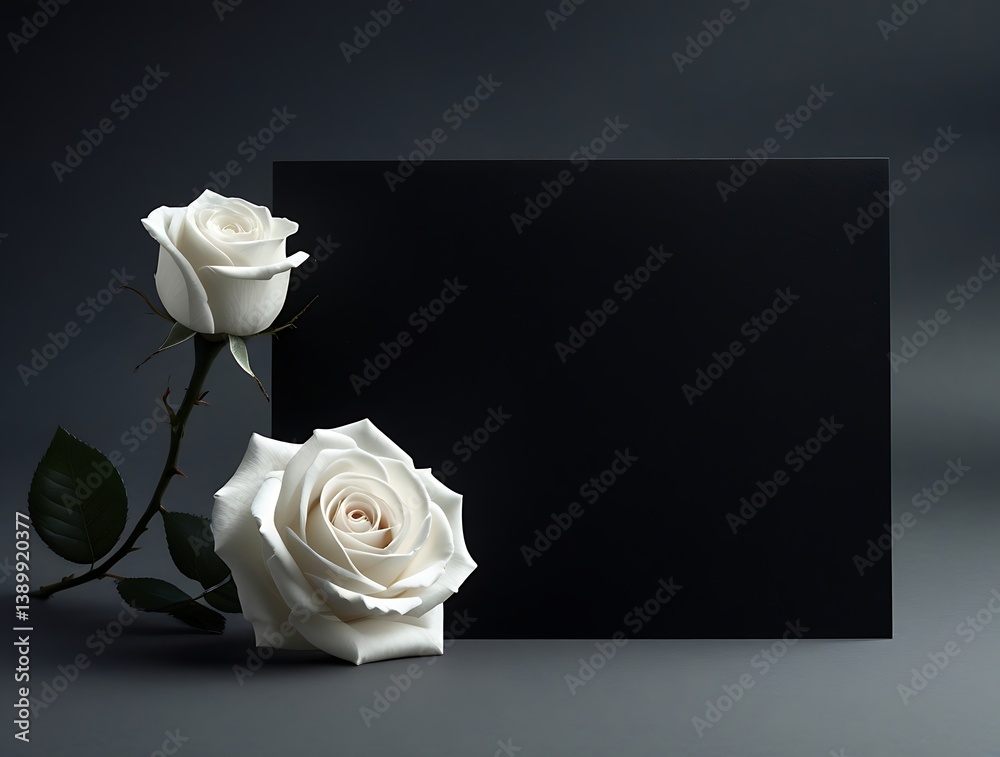 empty condolence card, sympathy card, memorial card, greeting card with fresh roses surrounding the paper . Empty place for a text.