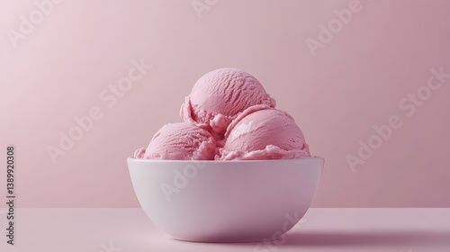 A fresh scoop of strawberry ice cream in a bowl, with a plain background that highlights the creamy texture and natural color of the ice cream.