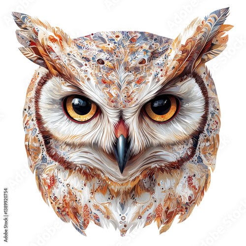 detailed owl illustration features intricate feather patterns and vibrant colors, capturing essence of wisdom and mystery. expressive eyes add captivating touch