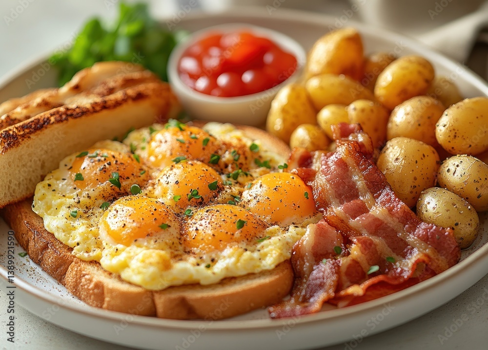 delicious breakfast with scrambled eggs crispy bacon golden toast and roasted potatoes