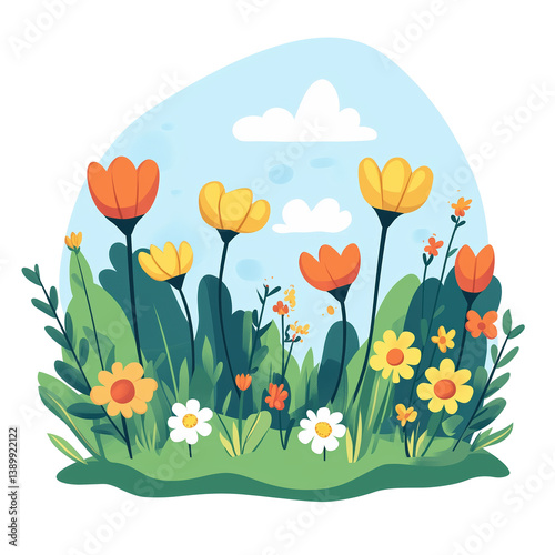 vibrant illustration of spring garden with colorful flowers and lush greenery under clear blue sky, evoking sense of joy and renewal