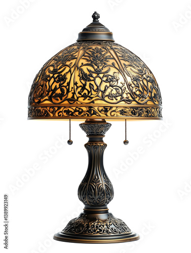 vintage table lamp with intricate detailing and warm glow, featuring ornate floral design on shade and base, exuding elegance and charm
