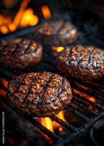 Grilled Burgers and Hot Dogs Over Flames in Summer Cookout