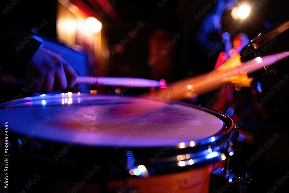 Naklejka premium Drummer performing on stage during a lively music event at night