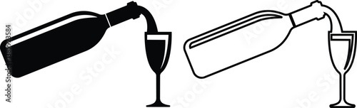 Wine bottle and glass icon in flat, line set. isolated on transparent background