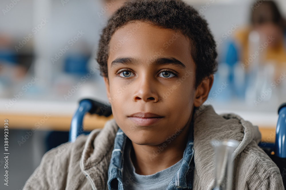 A black boy in a wheelchair looks thoughtfully ahead, displaying determination and curiosity in a classroom setting with colorful elements in the background A black boy in a wheelchair looks thoughtfully ahead, displaying determination and curiosity in a classroom setting with colorful elements in the background