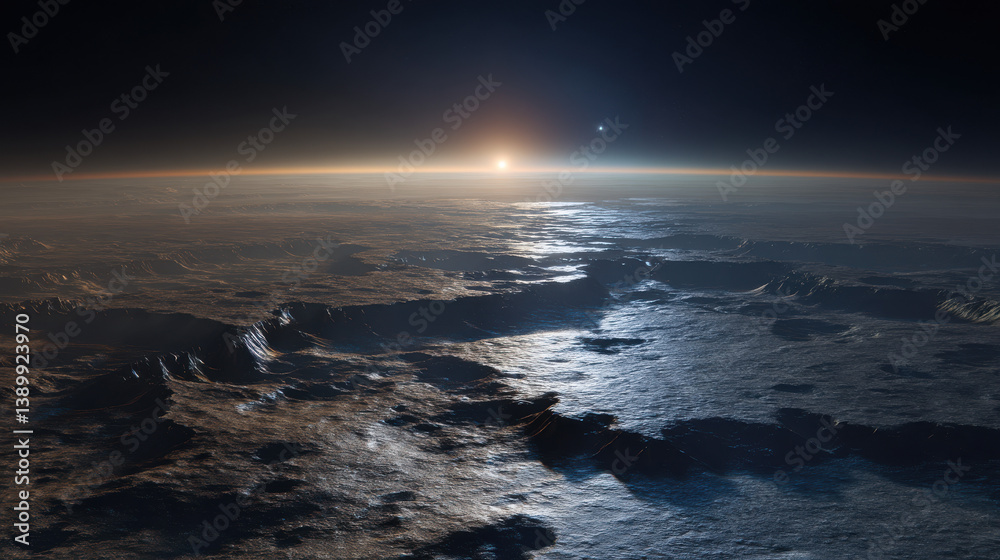 Fototapeta premium Ultra wide-angle image of planetary surface from low orbit, volcanic plains and icy cliffs lit by a soft radiant sunrise, thin atmospheric halo