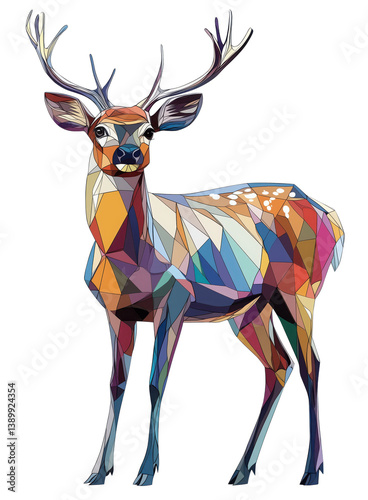 vibrant geometric deer illustration features colorful mosaic pattern, showcasing blend of abstract shapes and vivid hues. artistic design captures elegance and grace of deer