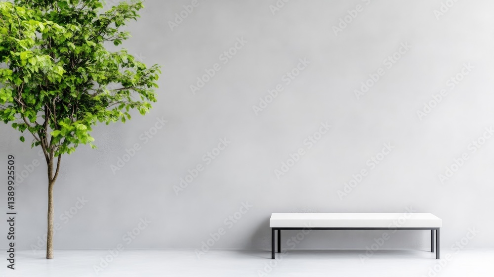 Obraz premium Minimalist interior with a single tree and bench. Empty, bright, modern space