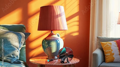 Warm sunlight streams into a cozy room, highlighting a bedside table with a lamp and fan.  Soft teal and orange tones create a relaxed atmosphere