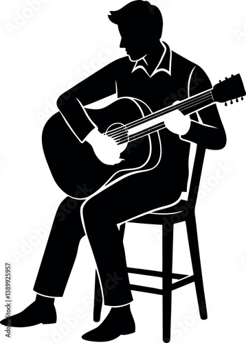 Man Sitting with Guitar Silhouette Vector Illustration
