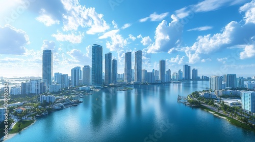 Stunning Miami skyline Breathtaking city view azure waters reflecting skyscrapers under a sunny sky
