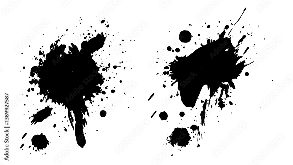 Obraz premium Black ink splatter, black paint, ink brush strokes, brushes, lines, grungy. Dirty artistic design. Black paint splash isolated on transparent background. 