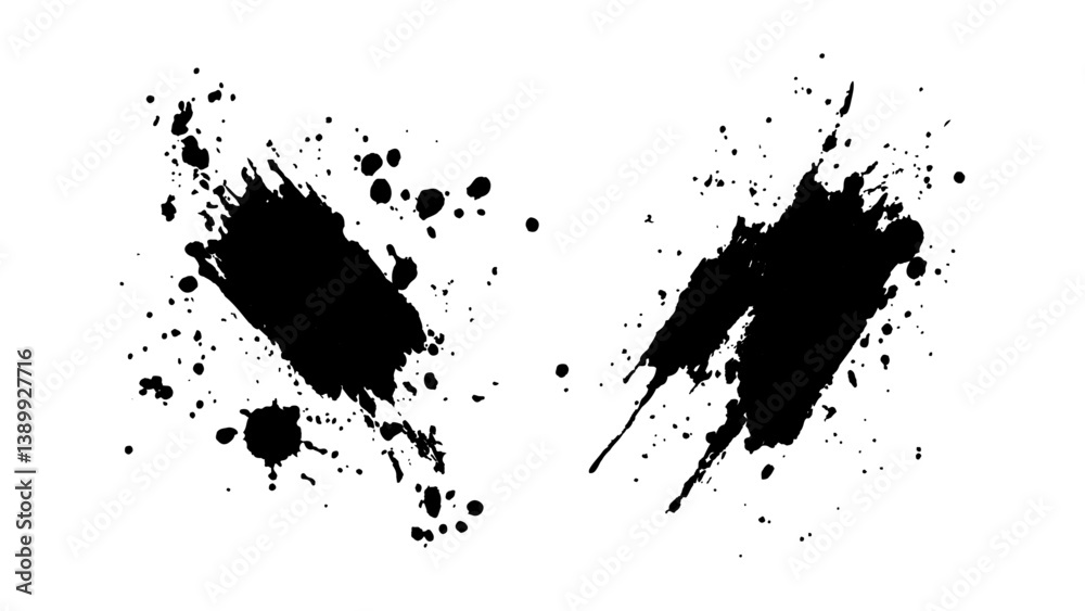 Obraz premium Black ink splatter, black paint, ink brush strokes, brushes, lines, grungy. Dirty artistic design. Black paint splash isolated on transparent background. 