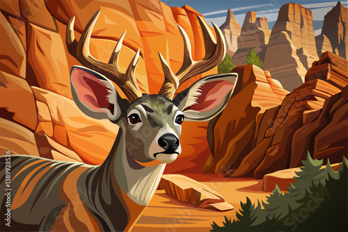 Portrait of majestic red deer stag in stony desert canyon slope
