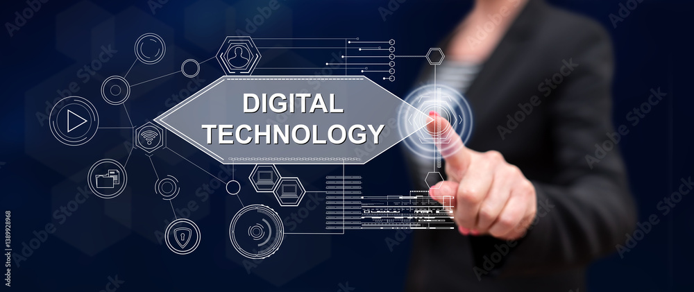 Fotografie Woman touching a digital technology concept