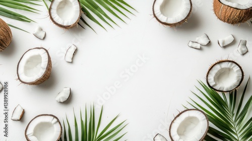 Fresh coconuts halved, palm leaf on white background. Tropical fruit, healthy food concept. Ripe coconuts with white flesh ready to eat. Natural, organic product. Great for diet. Summery style photo