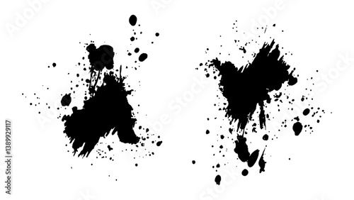 Black ink splatter, black paint, ink brush strokes, brushes, lines, grungy. Dirty artistic design. Black paint splash isolated on transparent background. 
